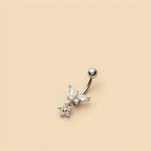 Серьга для пирсинга пупка с белыми камнями цветка и бабочки Liresmina Jewelry нержавеющая сталь 2.7 см - изображение 3