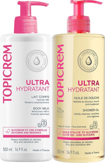 Набор косметических средств для ухода Topicrem UH Ultra Moisturizing Молочко для тела 500 мл + Масло для душа 500 мл (3700281705386) - зображення 1