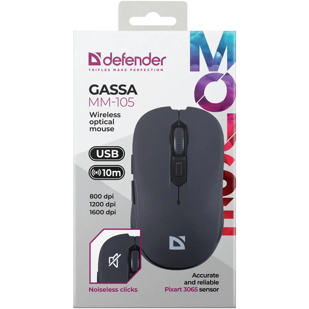 Беспроводная бесшумная мышка Defender Gassa MM-105 1600dpi Black (52105) - Фото 4 Беспроводная бесшумная мышка Defender Gassa MM-105 1600dpi Black (52105) - изображение 4