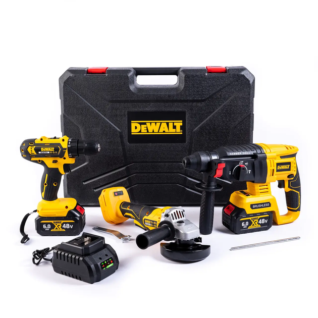 Набор аккумуляторный DeWalt 3в1 шуруповерт перфоратор болгарка в кейсе с 2 аккумуляторами 48 Вт Черный с желтым - Фото 2 Набор аккумуляторный DeWalt 3в1 шуруповерт перфоратор болгарка в кейсе с 2 аккумуляторами 48 Вт Черный с желтым - изображение 2