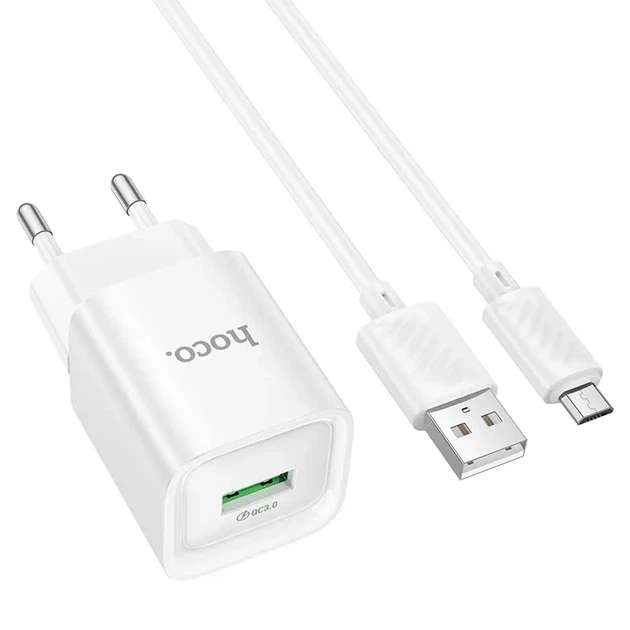 Зарядне HOCO C145A QC3.0 18W 1xUSB, з кабилем MicroUSB, біле - Фото 6 Зарядне HOCO C145A QC3.0 18W 1xUSB, з кабилем MicroUSB, біле - зображення 6