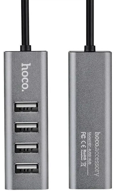 USB хаб Hoco HB1 Line Machine 4USB (metal), кабель 0,8m Сірий - зображення 3