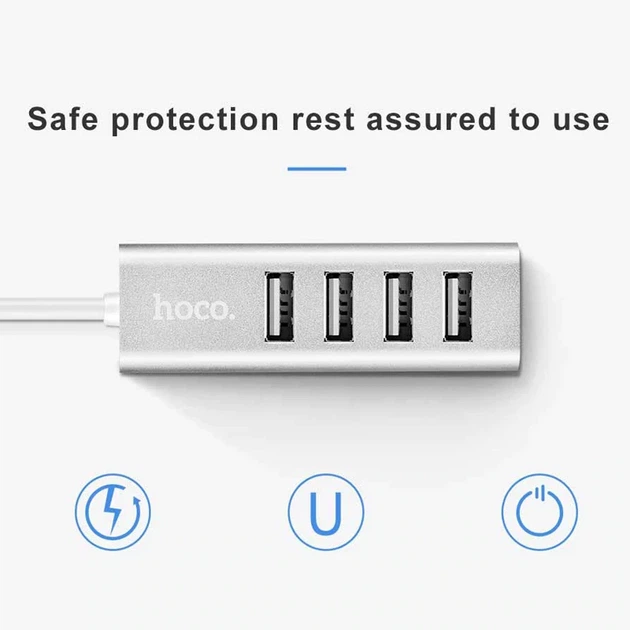 USB хаб Hoco HB1 Line Machine 4USB (metal), кабель 0,8m Сірий - зображення 7
