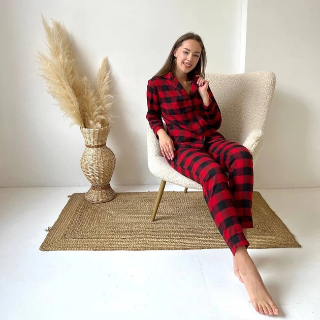 Пижама (рубашка+штаны) женская теплая Фланель XL Клетка красная с черным Cosy F71P - Фото 4 Пижама (рубашка+штаны) женская теплая Фланель XL Клетка красная с черным Cosy F71P - изображение 4