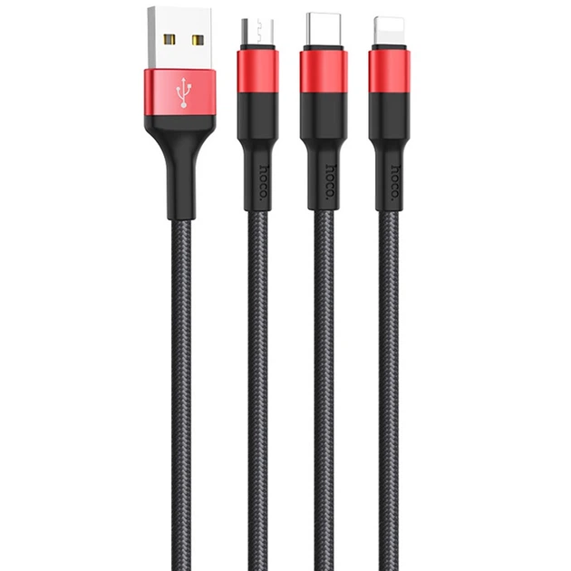 Data-кабель Hoco X26 Xpress 3-in-1 Lightning-Micro USB-Type-C 2.0A 1 м Black and red (Q/HKKJ 003-2017) - Фото 1 Data-кабель Hoco X26 Xpress 3-in-1 Lightning-Micro USB-Type-C 2.0A 1 м Black and red (Q/HKKJ 003-2017) - изображение 1