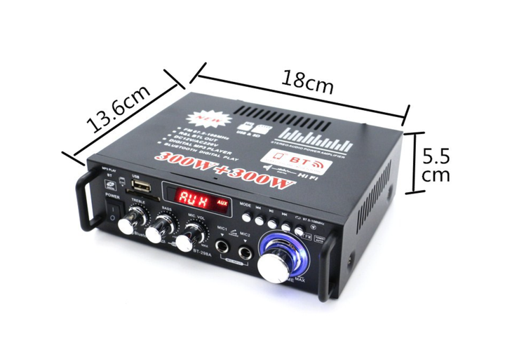 Підсилювач потужності двоканальний 300+300Вт, DiscRadio BT-298А, 12В, 220Вт, Bluetooth 5.0 - Фото 5 Підсилювач потужності двоканальний 300+300Вт, DiscRadio BT-298А, 12В, 220Вт, Bluetooth 5.0 - зображення 5