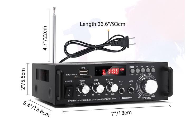 Підсилювач потужності двоканальний 300+300Вт, DiscRadio BT-298А, 12В, 220Вт, Bluetooth 5.0 - Фото 8 Підсилювач потужності двоканальний 300+300Вт, DiscRadio BT-298А, 12В, 220Вт, Bluetooth 5.0 - зображення 8