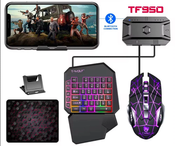 Геймерский набор игровой 5 в 1 для игр на телефоне комплект T-WOLF TF950 игровая одноручная клавиатура мышь беспроводная Bluetooth хаб подставка коврик для Android смартфона планшета для мобильного геймера Mobile Gaming Comboo - изображение 2