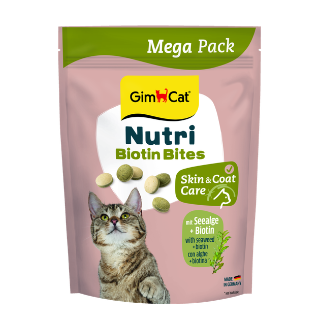 Вітаміни GimCat NUTRI BIOTIN BITES SEAWEED для котів для покращення стану шерсті та шкіри з морськими водоростями 425г - Фото 1 Вітаміни GimCat NUTRI BIOTIN BITES SEAWEED для котів для покращення стану шерсті та шкіри з морськими водоростями 425г - зображення 1