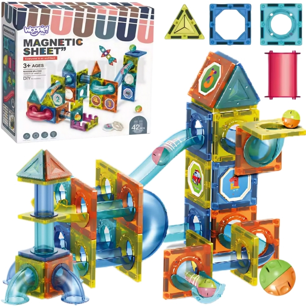 Klocki Magnetyczne Woopie 3D Zestaw Edukacyjny, Tor Kulkowy, 42 elementy (5906280654917) - obraz 1