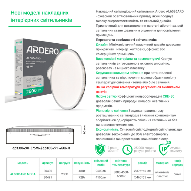 Світлодіодний LED світильник AL6086ARD MODA 48Вт Ardero 2500Lm Ø375*65мм люстра без пульта зі зміною відтінка 3000К-4500К-6000K - зображення 7