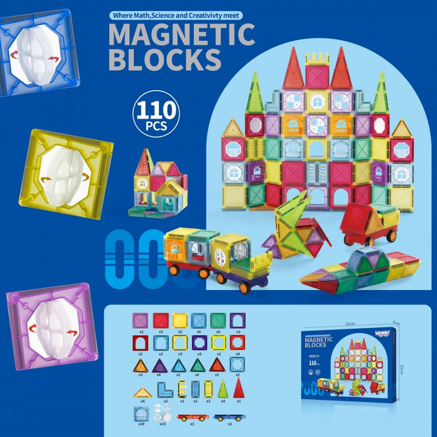 Klocki Magnetyczne Woopie 3D Zestaw Edukacyjny, Zamek, Pojazdy, 110 elementów (5906280654979) - obraz 8