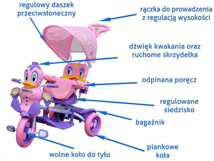 Rowerek trójkołowy dla dzieci Kaczka fioletowy + dźwięki + daszek + barierka + podnóżek + rączka + schowek (5903864979626) - obraz 4