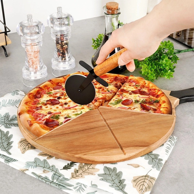 Deska do krojenia Excellent Houseware drewniana 30 cm + nóż do pizzy (8720573602815) - obraz 4
