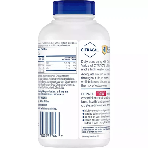 Citracal calcium Citrate Maximum Plus + D3 Bayer 280 капсул натуральная добавка кальций цитрат с витамином D3 - изображение 3