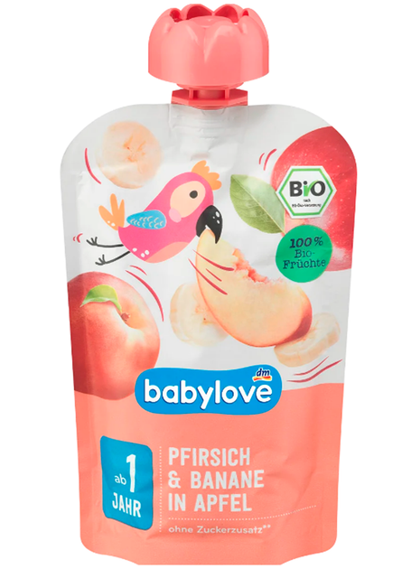 Пюре Babylove персик-банан-яблуко для дітей від 1 року, 100 г - Фото 3 Пюре Babylove персик-банан-яблуко для дітей від 1 року, 100 г - зображення 3
