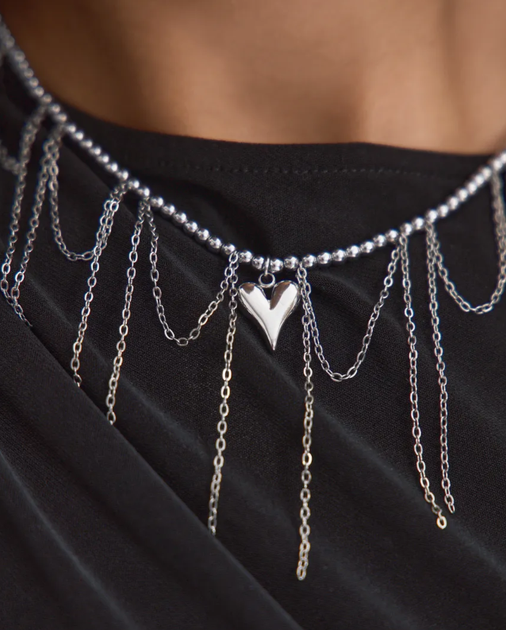 Чокер багатошаровий Fashion Jewelry біжутерія кольє з ланцюжками і серцем сріблястого кольору (SVS) - зображення 4