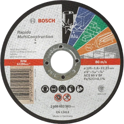 Отрезной круг по металлу Bosch Multi Construction Rapido 125x1.6x22.2 мм отвечают требованиям безопасности EN 12413 FEPA и oSa - Фото 1 Отрезной круг по металлу Bosch Multi Construction Rapido 125x1.6x22.2 мм отвечают требованиям безопасности EN 12413 FEPA и oSa - изображение 1