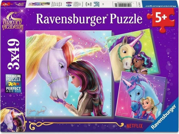 Пазл Ravensburger Netflix Unicorn Academy 3 x 49 елементів 12004163 (4005555041634) - зображення 1