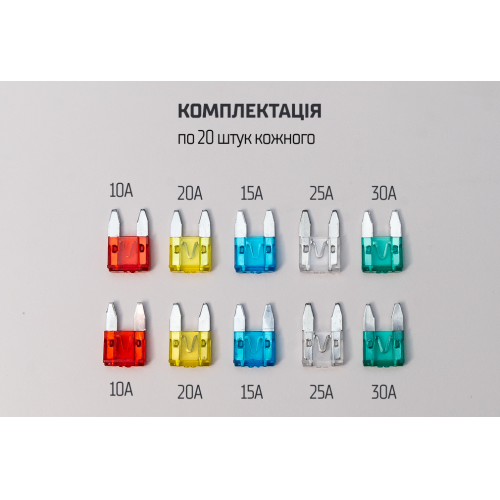 Набір запобіжників VITOL 10А, 15А, 20А, 25А, 30А кожного по 20 шт., 100 шт./коробка - зображення 3
