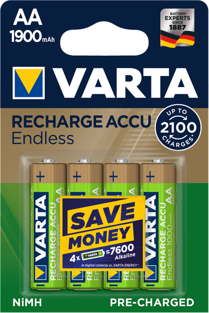 Акумулятор Varta Rechargeable Accu Endless AA 1900 мАг BLI 4 Ni-MH (56676101404) (4008496928217) - Фото 1 Акумулятор Varta Rechargeable Accu Endless AA 1900 мАг BLI 4 Ni-MH (56676101404) (4008496928217) - зображення 1
