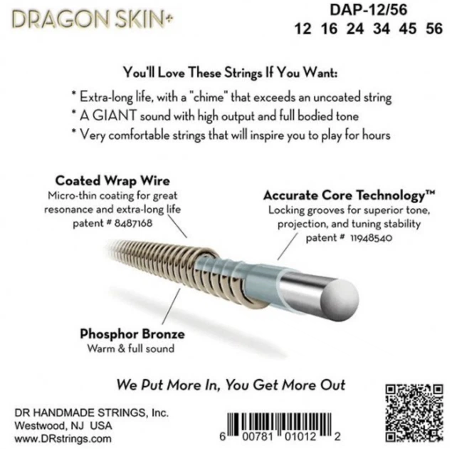 Струны для акустической гитары DR DAP-12/56 Dragon Skin+ Acoustic Phosphor Bronze Bluegrass 12/56 - Фото 4 Струны для акустической гитары DR DAP-12/56 Dragon Skin+ Acoustic Phosphor Bronze Bluegrass 12/56 - изображение 4