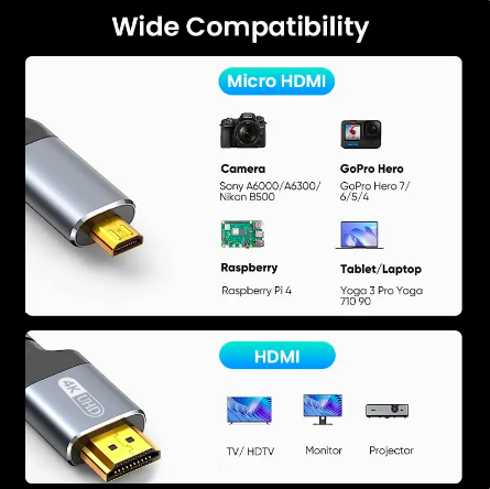Кабель HDMI Micro HDMI 2м плетеный 4K 60Hz 2K 165Hz скоросной провод MicroHDMI шнур для подключения камер и планшетов - изображение 4