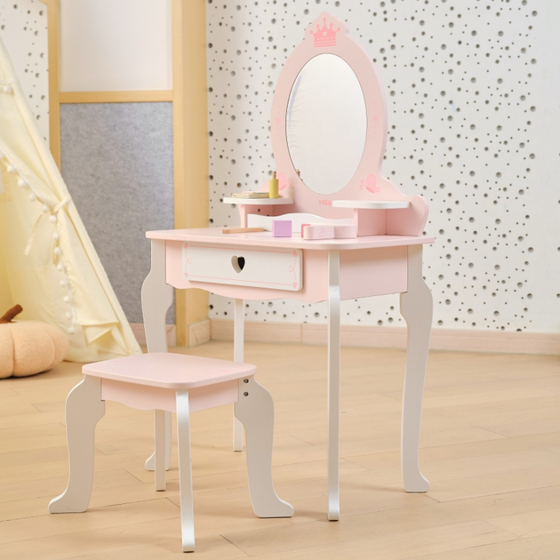 Деревяний туалетний столик Viga з дзеркалом стільцем та аксесуарами Біло-Рожевий (6971608447822) - зображення 7