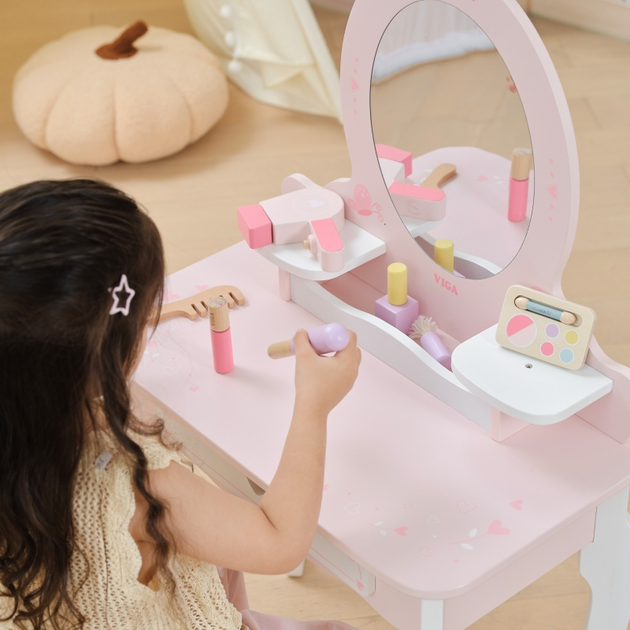 Деревяний туалетний столик Viga з дзеркалом стільцем та аксесуарами Біло-Рожевий (6971608447822) - зображення 11