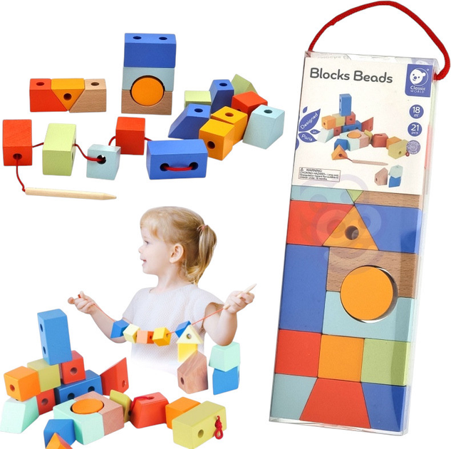 Шнурівка дерев'яна Classic World кубики для нанизування Геометричні фігури 21 ел CW53801 (6927049053801) - зображення 7