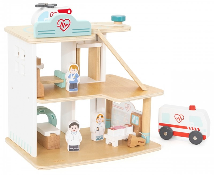 Drewniany szpital Viga Z karetką i windą 15 elementów (6971608448027) - obraz 3