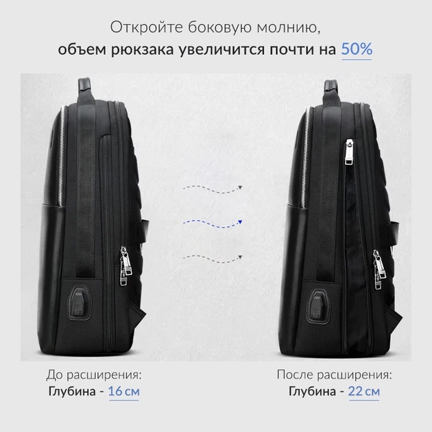 Городской мужской черный рюкзак BOPAI для ноутбука 15,6'' с USB разъемом с возможность увеличить объем рюкзака на 50% - изображение 4