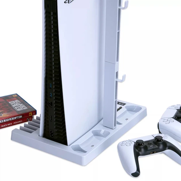 Мультифункциональная охлаждающая подставка OIVO для консоли Sony PlayStation 5 (PS5 / PS5 Digital Edition), зарядная станция для геймпадов DualSense с LED подсветкой, подставка для наушников, 15 дисков, ДУ пульта - изображение 4