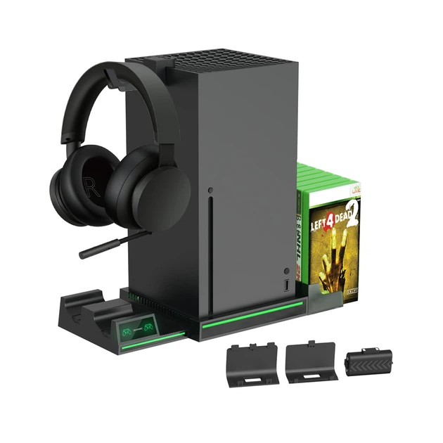 Мультифункциональная вертикальная подставка DOBE для игровой консоли Xbox Series X, зарядная станция с аккумуляторными батареями 800 mAh для геймпада Microsoft Wireless Controller с LED подсветкой статуса зарядки, 10 слотов для дисков - изображение 5