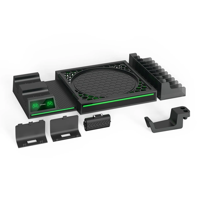 Мультифункциональная вертикальная подставка DOBE для игровой консоли Xbox Series X, зарядная станция с аккумуляторными батареями 800 mAh для геймпада Microsoft Wireless Controller с LED подсветкой статуса зарядки, 10 слотов для дисков - изображение 8