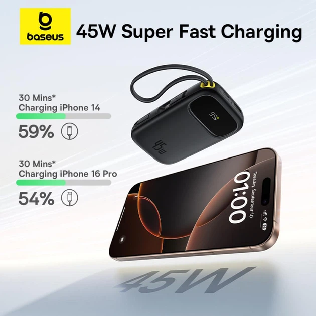 Павербанк 10000mAh 45W Baseus EnerFill FC31 QPow 3 (E0028C00) УМБ зі швидкою зарядкою, LED-дисплеєм, 2 вбудованими кабелями Type-C/Lightning і портами USB/Type-C Портативний зовнішній акумулятор для телефону/ноутбука, Чорний - Фото 5 Павербанк 10000mAh 45W Baseus EnerFill FC31 QPow 3 (E0028C00) УМБ зі швидкою зарядкою, LED-дисплеєм, 2 вбудованими кабелями Type-C/Lightning і портами USB/Type-C Портативний зовнішній акумулятор для телефону/ноутбука, Чорний - зображення 5
