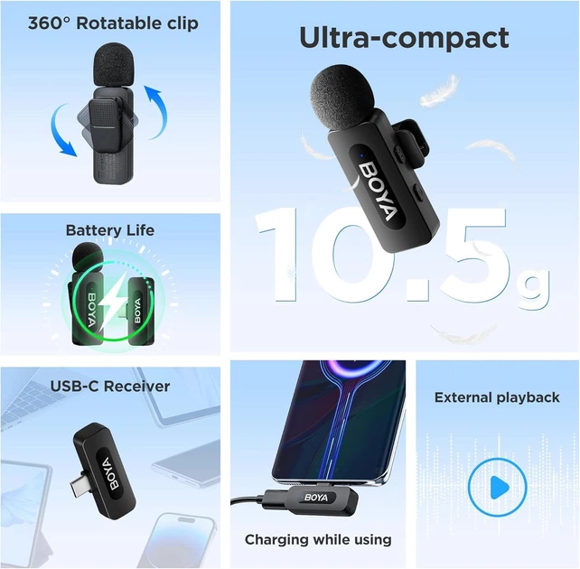 Бездротовий мікрофон BOYA BY-V10 USB-C для Android і ноутбука, шумозаглушення, 9 год - Фото 7 Бездротовий мікрофон BOYA BY-V10 USB-C для Android і ноутбука, шумозаглушення, 9 год - изображение 7