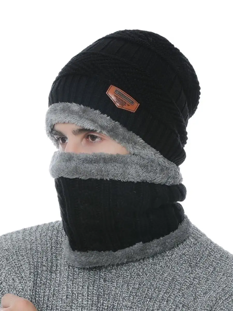 Зимовий чоловічий комплект Шапка та снуд (бафф-хомут) вʼязаний з хутряною підкладкою утеплений One Size, шапка на зиму чорна з сірим хутром - зображення 2