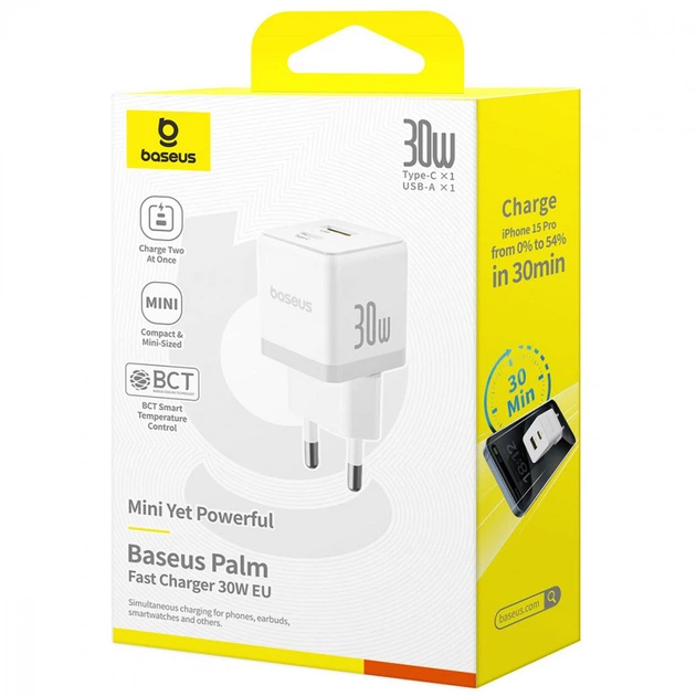 Зарядное Устройство Baseus Palm Fast Charger 30W (Type-C+USB) white - изображение 2