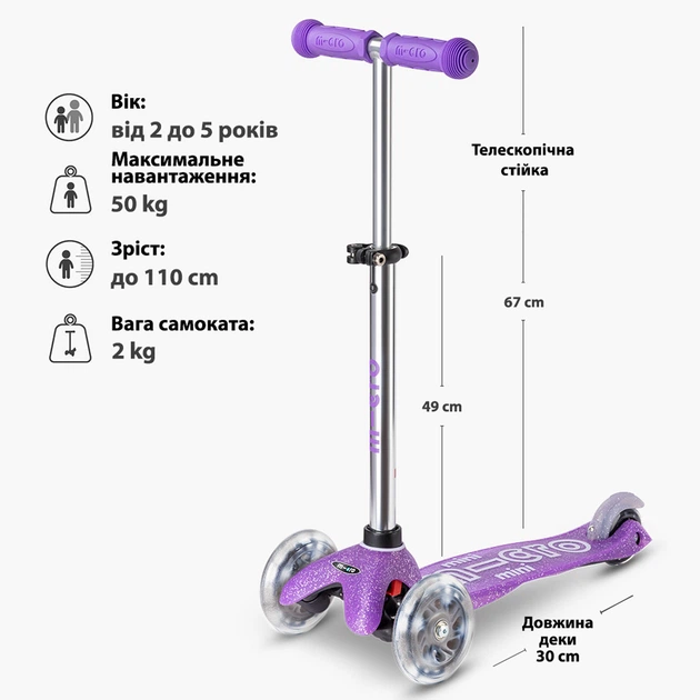 Самокат Micro серии Mini Deluxe Fairy Glitter LED - Пурпурный - изображение 9