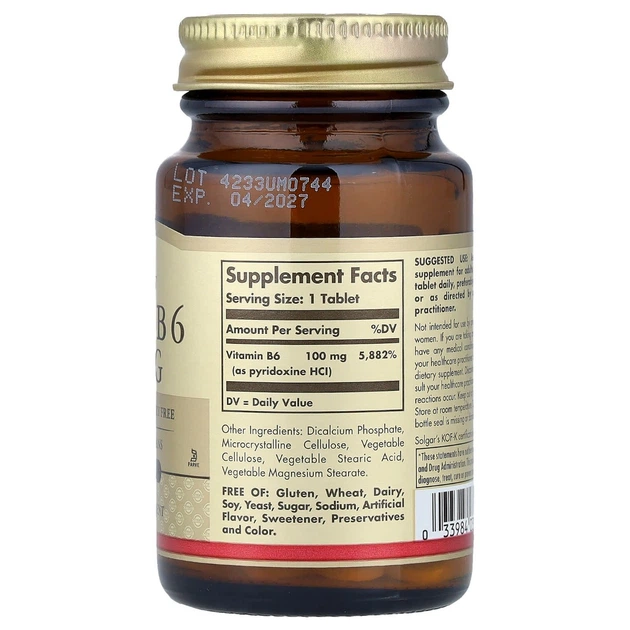 Вітаміни Solgar Вітамін В6 Vitamin B6 100 мг 100 таблеток - зображення 4