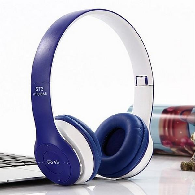 Наушники ST3 беспроводные Bluetooth TF-карта FM радио Бело-синие купить ...