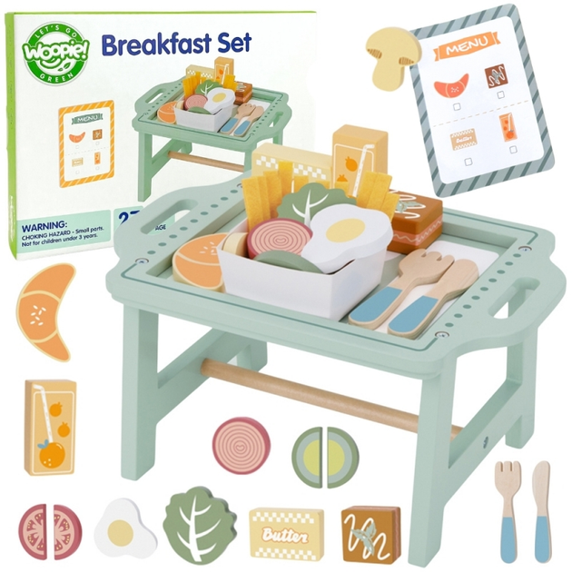 Drewniany zestaw śniadaniowy i restauracja Woopie GREEN Zabawa w zamawianie z tacą i akcesoriami (5906280653477) - obraz 1