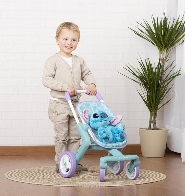 Wózek dla lalek Smoby Stitch Spacerówka z obrotowymi kołami i pluszową maskotką Stitch 25 cm (7600251225) (3032162512258) - obraz 4