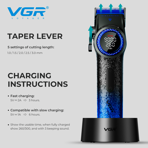 Машинка для стрижки VGR V-001 Blue (10 насадок) 4600 mAh LED дисплей - изображение 4