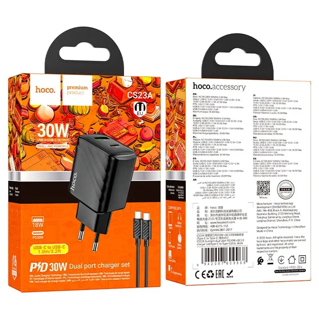 Зарядне HOCO CS23A PD30W QC3.0 1USB 1Type-C з кабелем Type-C чорне - изображение 2