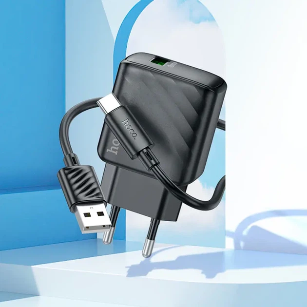 Зарядне HOCO CS21A Rich 1USB QC3.0 18W з кабелем Type-C чорне - изображение 3