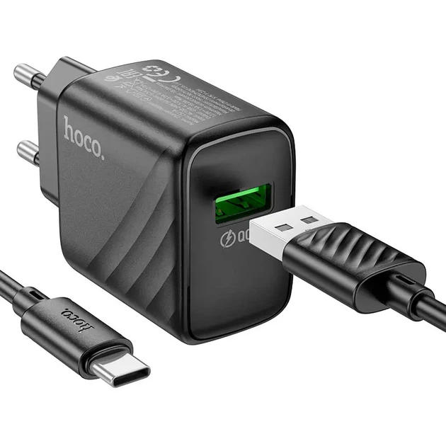 Зарядне HOCO CS21A Rich 1USB QC3.0 18W з кабелем Type-C чорне - изображение 5
