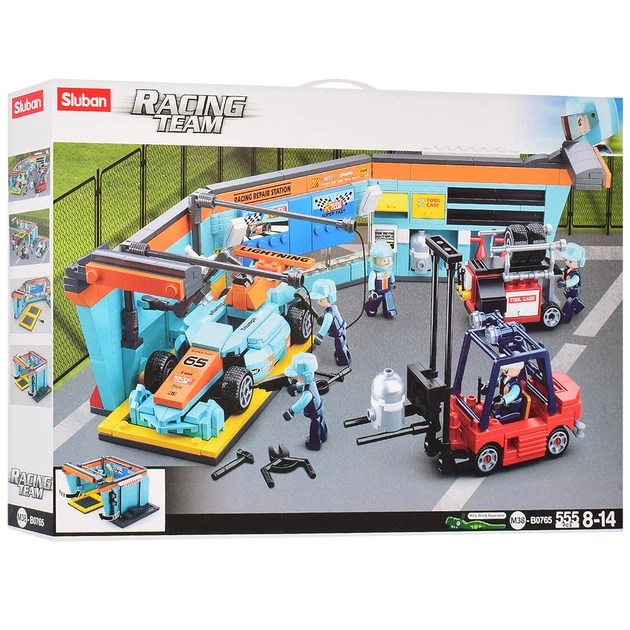 Конструктор SLUBAN M38-B0765 "Racing Team": Станция технического обслуживания гоночных автомобилей, 555 деталей, в коробке - изображение 2