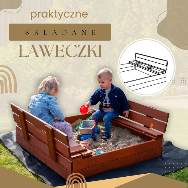 Дерев’яна пісочниця Springos з кришкою, лавочками, волокниною і тентом 100 x 100 см (5907719499345) - зображення 7